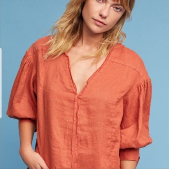 ANTHROPOLOGIE HOLDING HORSES Ginnie Tie Sleeve Linen Tunic Orange V Neck Size S - Picture 1 of 16
